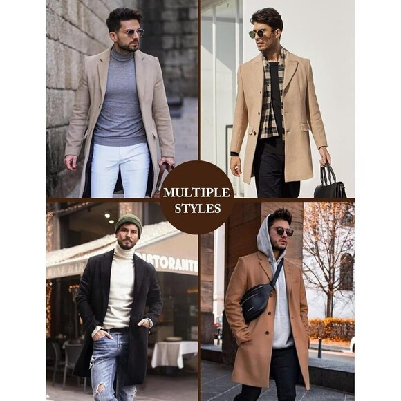 COOFANDY Men's Black Wool Blend Coat with Scarfs Notched Collar Pea Coat - Picture 5 of 6